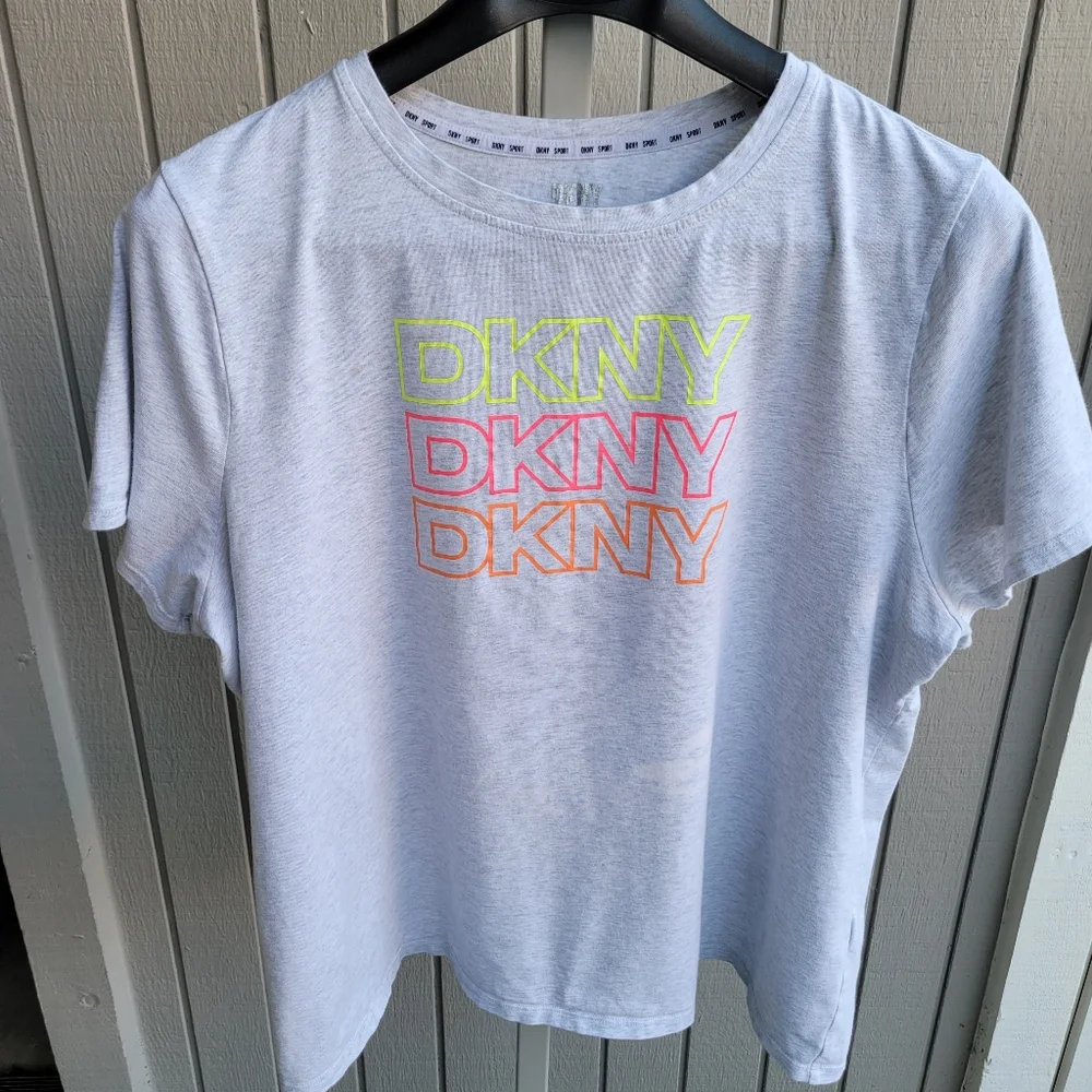 DKNY Sport Cotton Stretch Plus Size Tee Neon Logo Pink Orange Yellow Light Grey - Picture 7 of 12